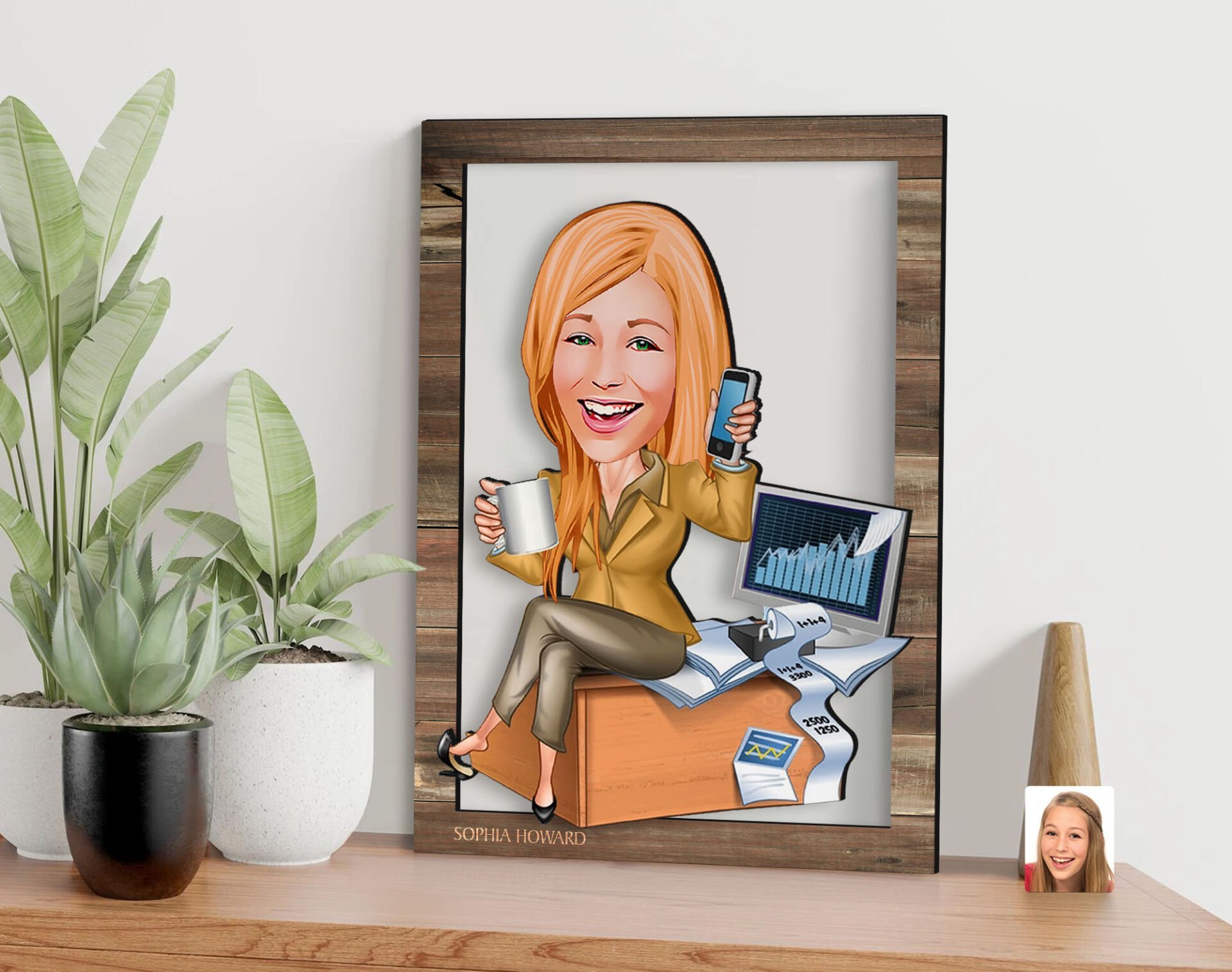 BK Gift Kişiye Özel Kadın Muhasebeci Karikatürlü 3D Ahşap Tablo, Sevgiliye Hediye, Arkadaşa Hediye, Yıl Dönümü Hediyesi, Doğum Günü Hediyesi-1