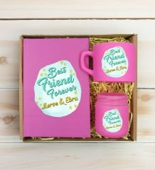 BK Gift Kişiye Özel İsimli DTF Best Friend Temalı Pembe Defter & Kahve Fincanı & Mum Hediye Seti-2, Arkadaşa Hediye, Doğum Günü Hediyesi