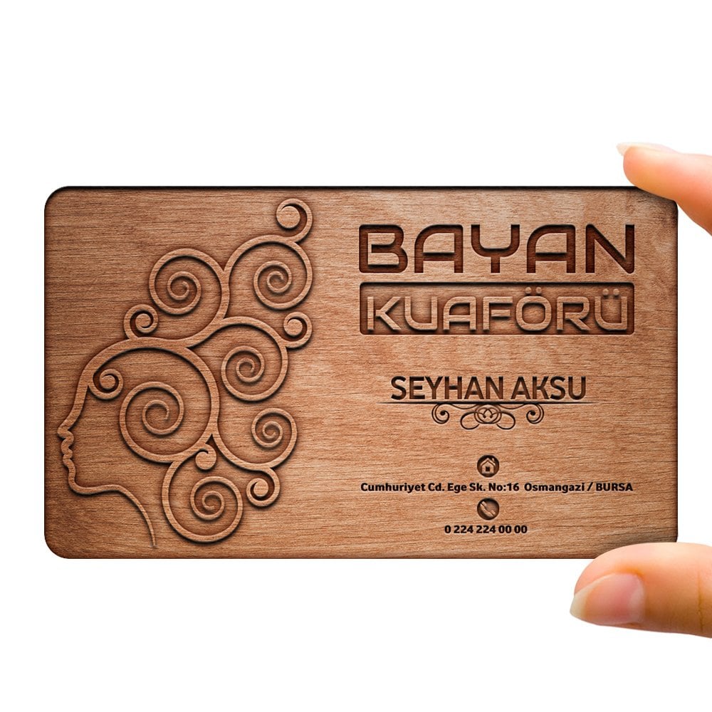 Kişiye Özel Mesleki Bayan Kuaförü Ahşap Kartvizit (Model 1-1) 50 ADET