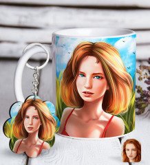 Kişiye Özel Kadın Soyut Karikatürlü Beyaz Kupa ve Anahtarlık Hediye Seti-29