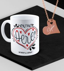 Kişiye Özel Sevgililer Temalı Kupa ve Rose Kalp Kolye Set - 83