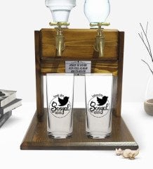 Kişiye Özel Renkli Baskılı Sosyal İçici Tasarımlı İkili Rakı Bardağı ve Çift Musluklu Doğal Ahşap Rakı Standı-1