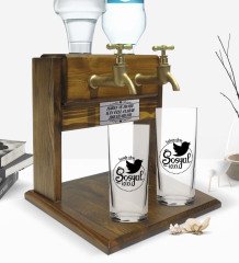 Kişiye Özel Renkli Baskılı Sosyal İçici Tasarımlı İkili Rakı Bardağı ve Çift Musluklu Doğal Ahşap Rakı Standı-1