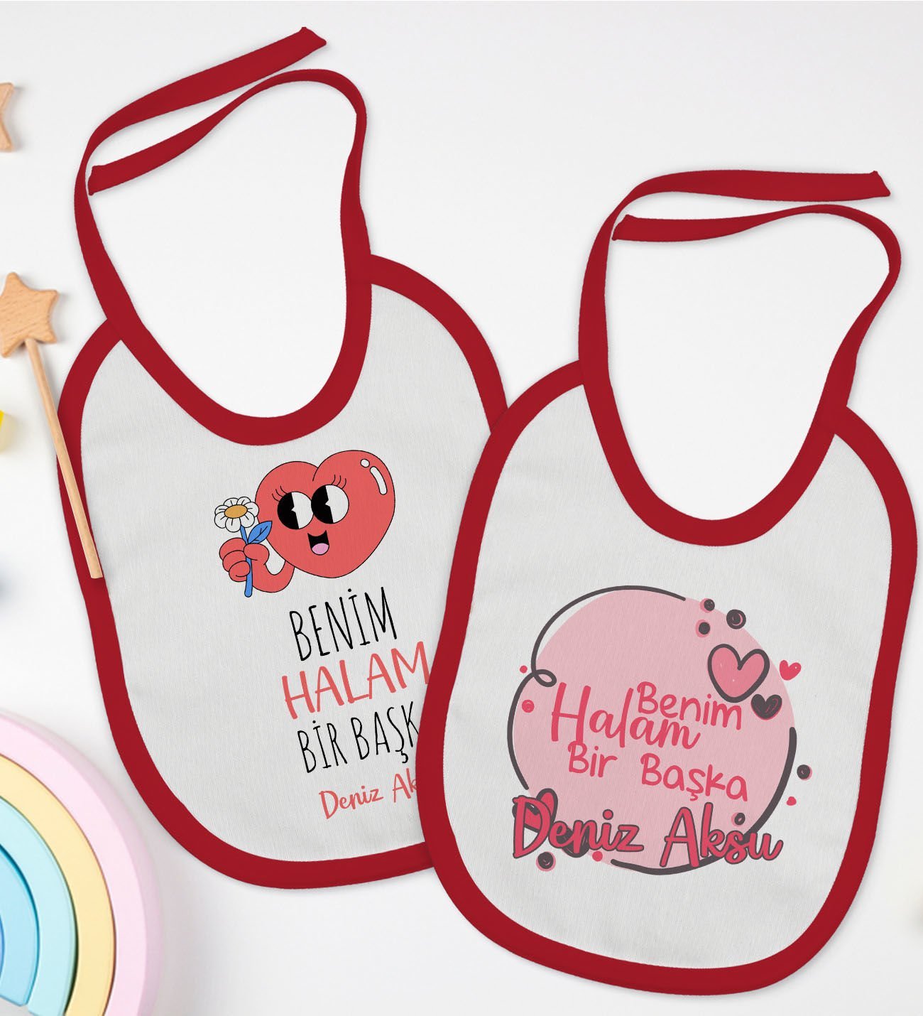BK Kids Kişiye Özel Halam Bir Başka Tasarımlı 2’li Kırmızı Mama Önlüğü-1