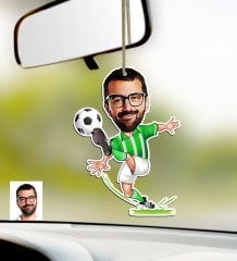 Kişiye Özel Yeşil Beyaz Futbolcu Karikatürlü Ahşap Araba Dikiz Ayna Süsü