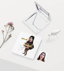 Kişiye Özel Tesettürlü Bayan Öğretmen Temalı Karikatürlü Deri Ayna - 2