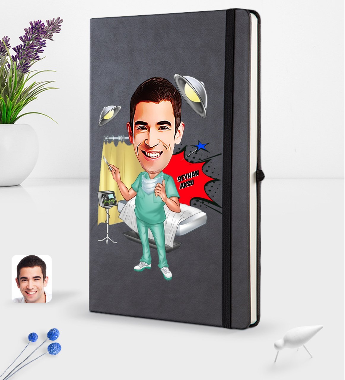 Kişiye Özel Erkek Cerrah Karikatürlü Siyah Termo Deri Defter 16x24cm Model 1