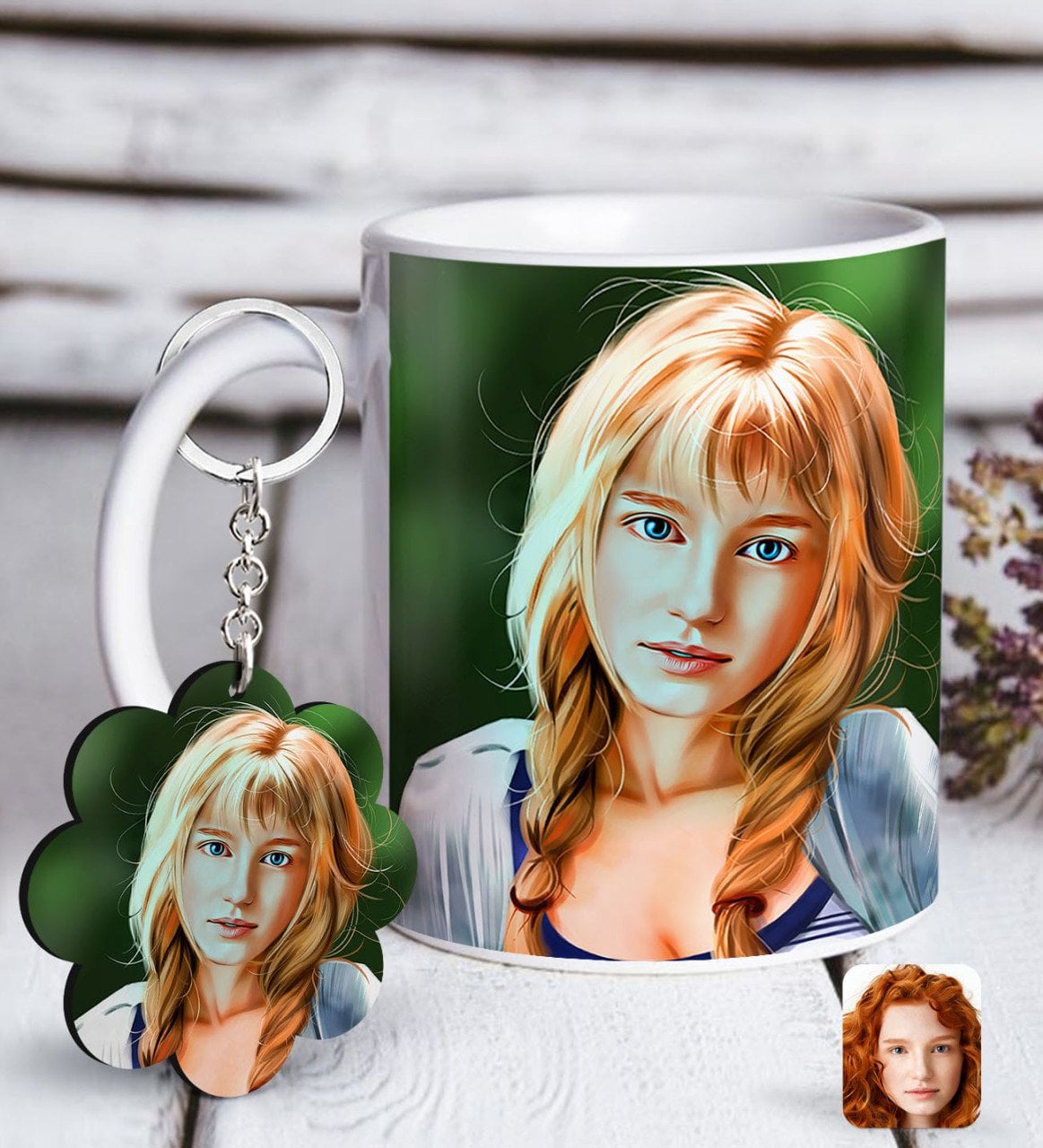 Kişiye Özel Kadın Soyut Karikatürlü Beyaz Kupa ve Anahtarlık Hediye Seti-30