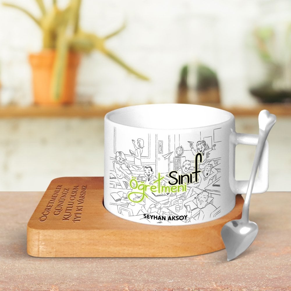 Kişiye Özel Sınıf Öğretmeni Ahşap Altlıklı Seramik Fincan - 4