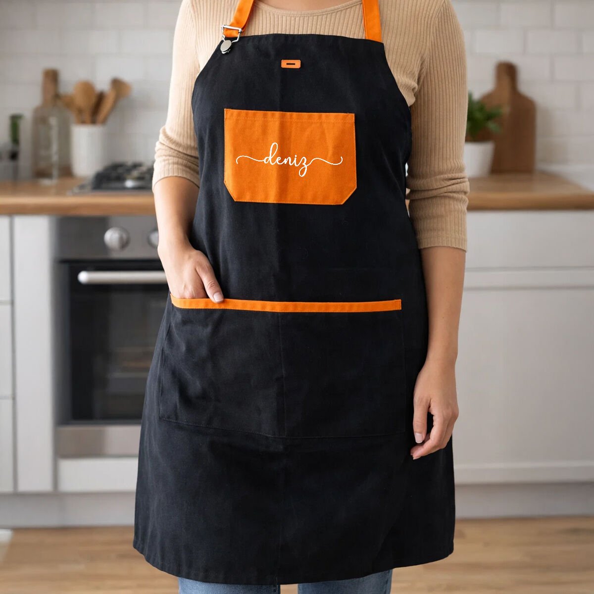 BK Gift Kişiye Özel İsimli Turuncu Cepli Siyah Mutfak Önlüğü -8, Aşçı ve Şef Önlüğü, Ev Hediyesi