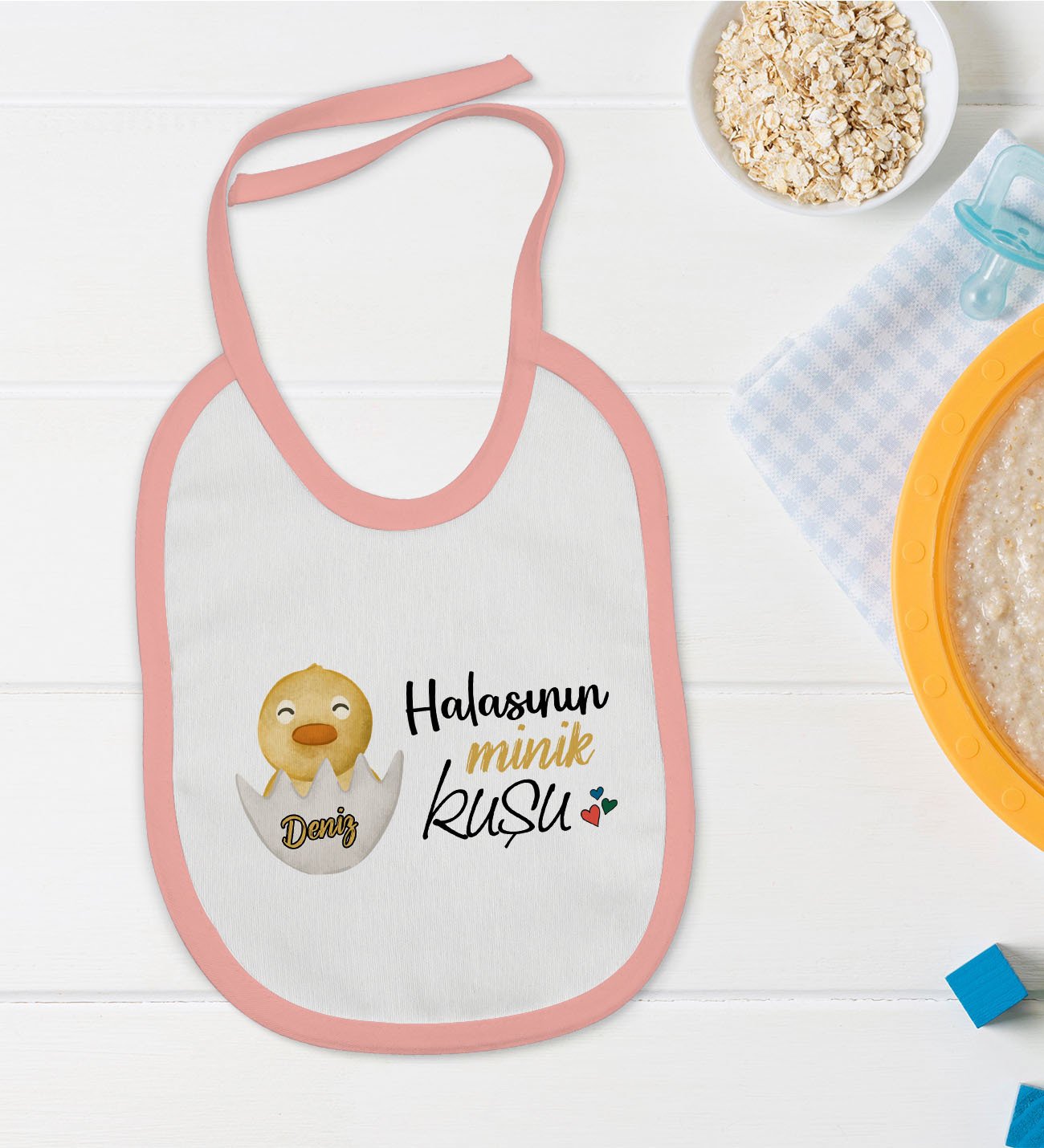 BK Kids Kişiye Özel Pembe Bebek Mama Önlüğü - Model 79