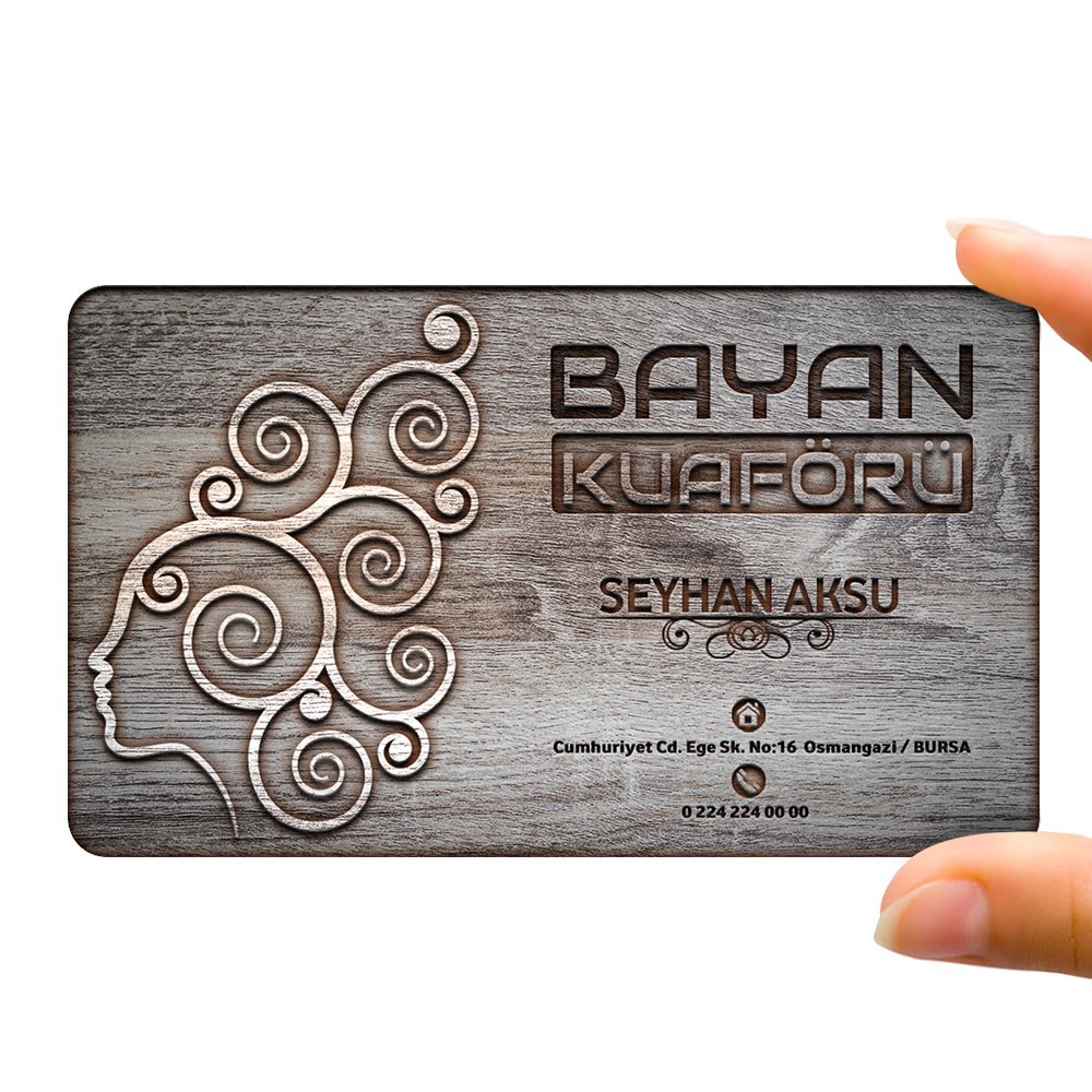 Kişiye Özel Mesleki Bayan Kuaförü Ahşap Kartvizit (Model 1-3) 50 ADET