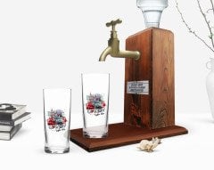 Kişiye Özel Renkli Baskılı London Tasarımlı İkili Rakı Bardağı ve Ahşap Rakı Standı Hediye Seti-1