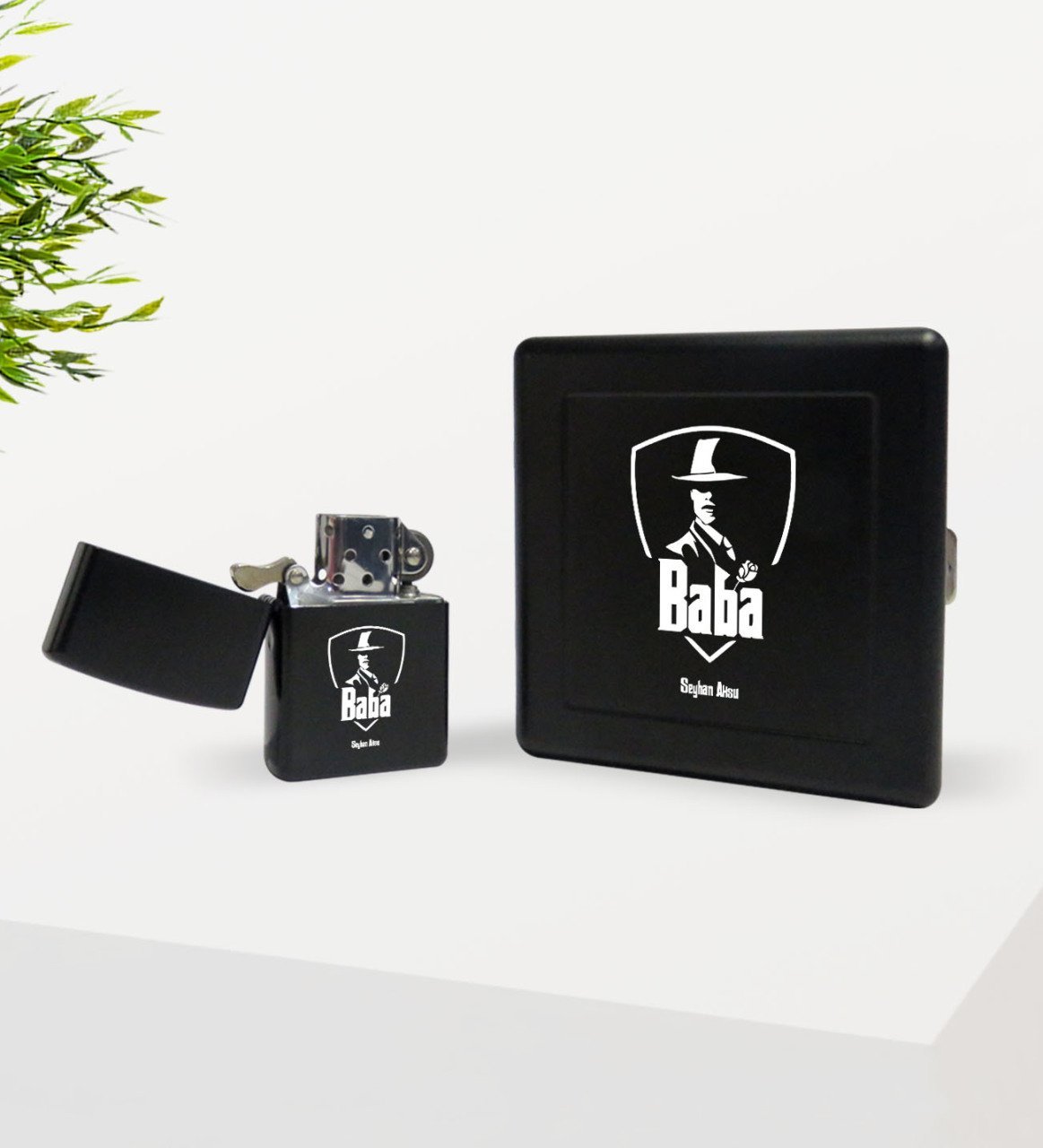 Kişiye Özel Baba Godfather Tasarımlı Siyah Metal Sigara Tabakası ve Benzinli Çakmak Seti-15