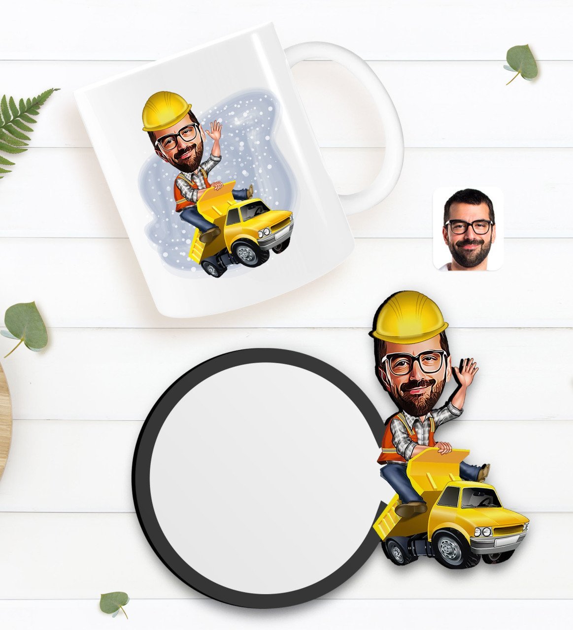 Kişiye Özel Erkek Yol Mühendisi Karikatürlü Beyaz Kupa ve Ahşap Bardak Altlığı Hediye Seti-1