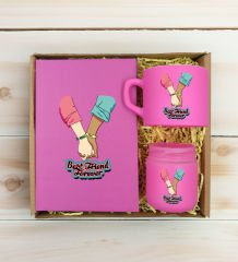 BK Gift Kişiye Özel İsimli DTF Best Friend Temalı Pembe Defter & Kahve Fincanı & Mum Hediye Seti-5, Arkadaşa Hediye, Doğum Günü Hediyesi