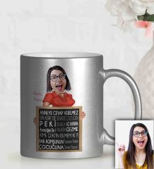Kişiye Özel Anneler Günü Temalı Gümüş Yaldızlı Karikatürlü Kupa Bardak Gu6