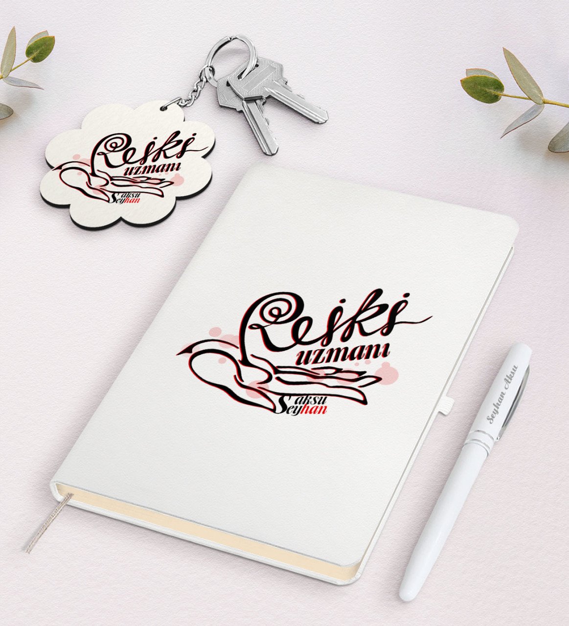 Kişiye Özel Reiki Uzmanı Beyaz Defter Kalem ve Anahtarlık Hediye Seti-2