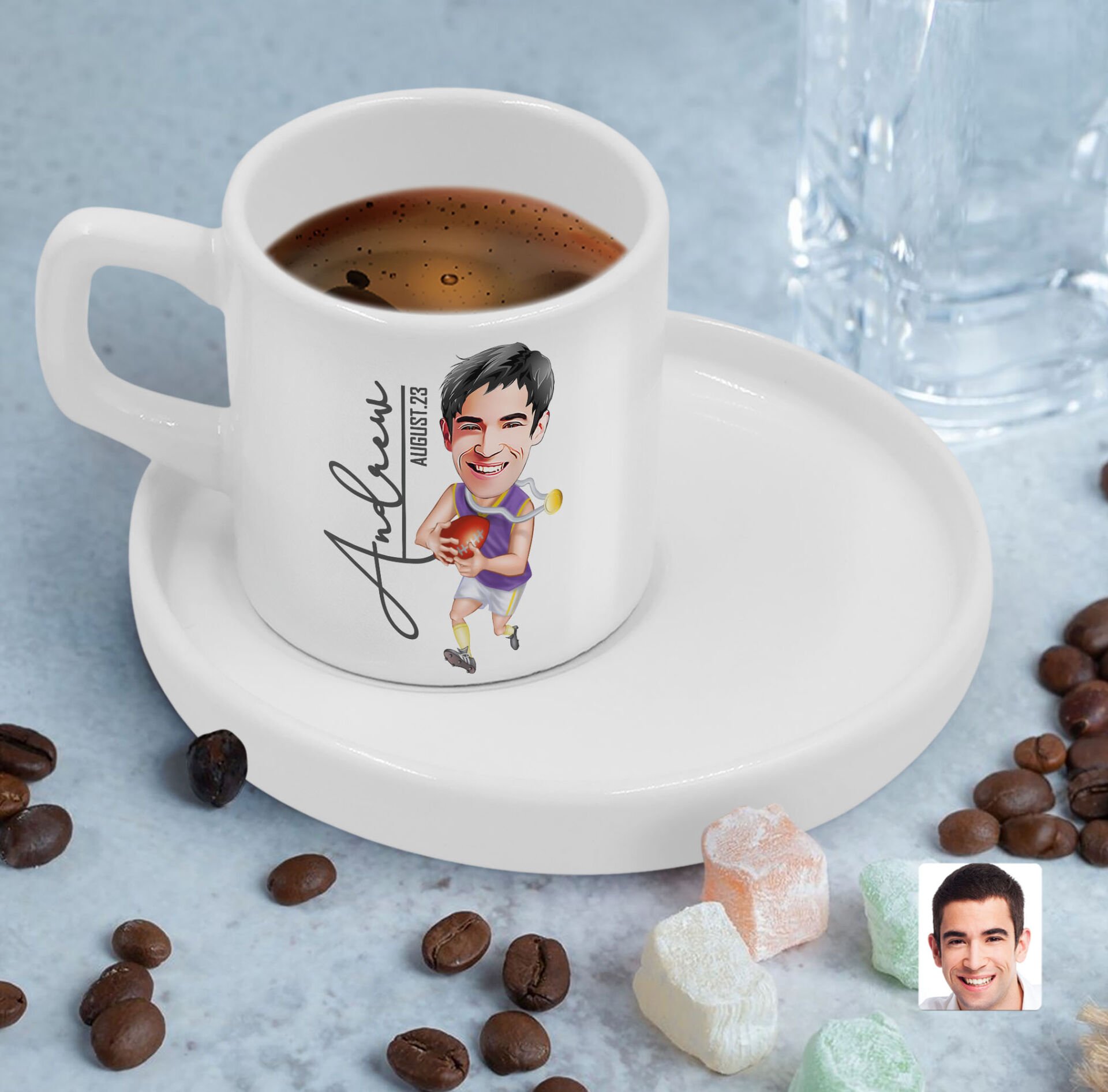BK Gift Kişiye Özel Amerikan Futbolcusu Karikatürlü Kahve Fincanı-11, Sevgiliye Hediye, Aileye Hediye, Arkadaşa Hediye