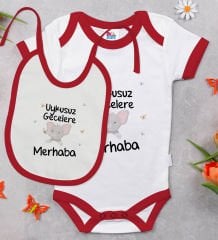 BK Kids Uykusuz Gecelere Merhaba Tasarımlı Kırmızı Bebek Body Zıbın ve Mama Önlüğü Hediye Seti-1