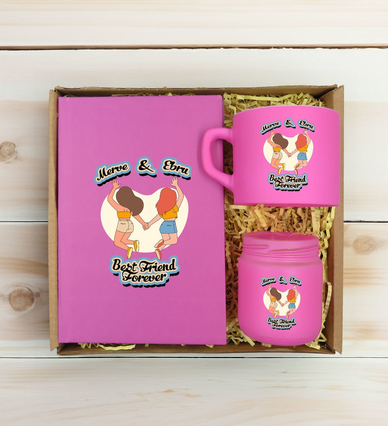 BK Gift Kişiye Özel İsimli DTF Best Friend Temalı Pembe Defter & Kahve Fincanı & Mum Hediye Seti-6, Arkadaşa Hediye, Doğum Günü Hediyesi