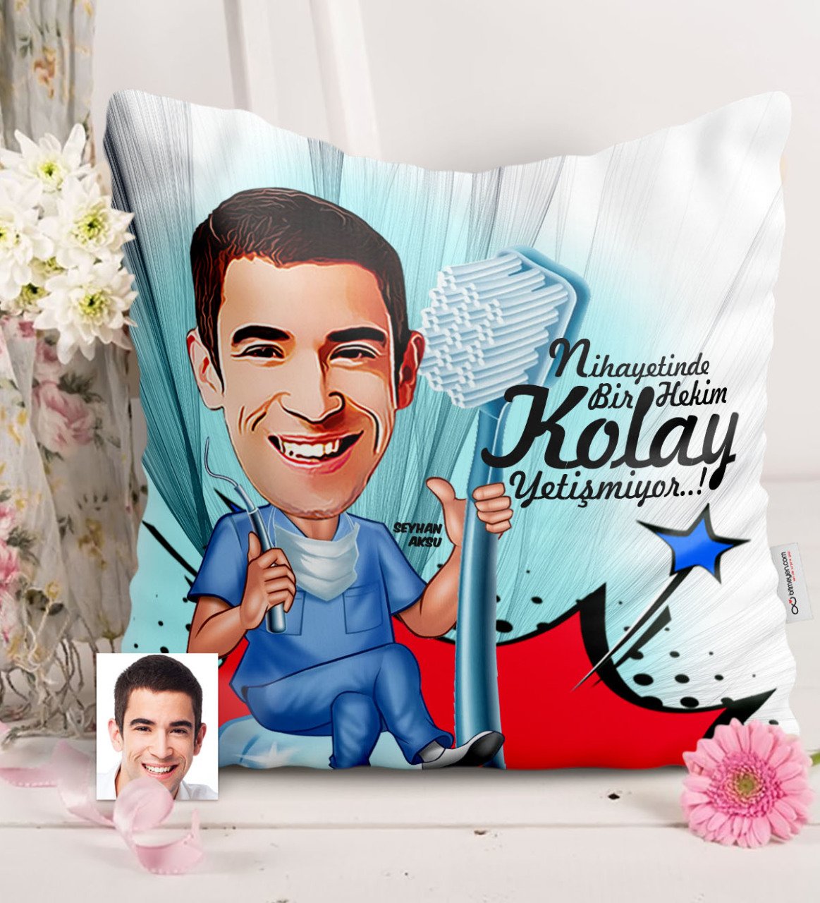 Kişiye Özel Bay Diş Hekimi Karikatürlü Saten Yastık - 2