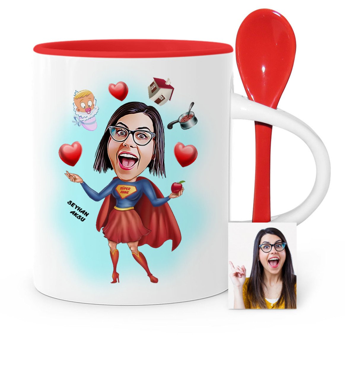 Kişiye Özel Süper Anne Karikatür Kırmızı Kaşıklı Kupa Bardak