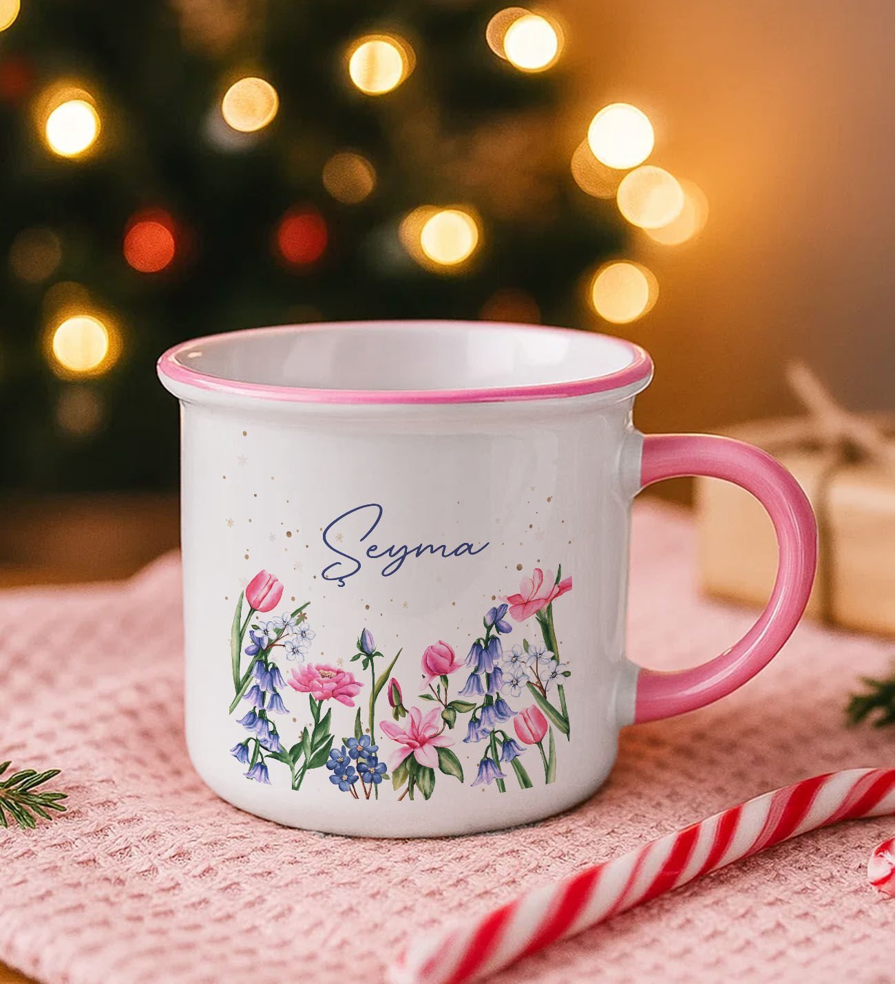 BK Gift Kişiye Özel Çiçek Tasarımlı Pembe Emaye Kupa Bardak -2, Arkadaşa Hediye, Sevgiliye Hediye