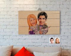 Kişiye Özel Sevgililer Karikatürlü Otantik Ahşap Palet Tablo-56