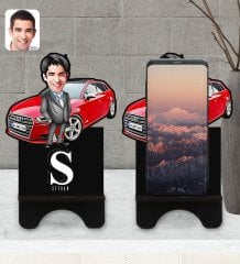 Kişiye Özel Plakalı Erkek Audi A3 Karikatürlü Ahşap Biblo Telefon Standı-1