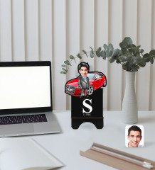 Kişiye Özel Plakalı Erkek Audi A3 Karikatürlü Ahşap Biblo Telefon Standı-1