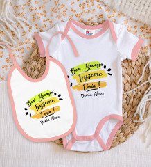 BK Kids Kişiye Özel Beni Yavaşça Teyzeme Verin Tasarımlı Pembe Bebek Body Zıbın ve Mama Önlüğü Hediye Seti