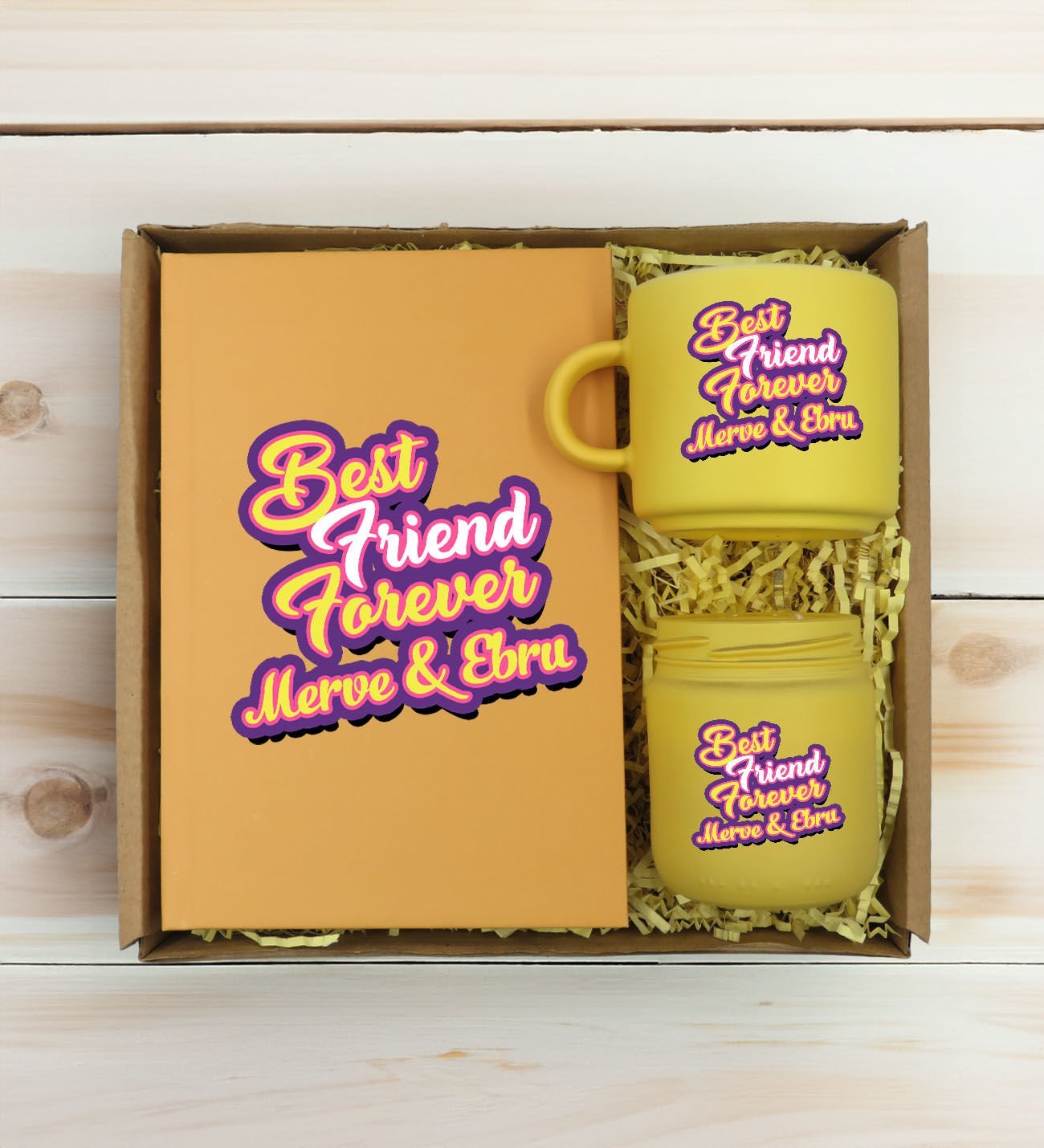 BK Gift Kişiye Özel İsimli DTF Best Friend Temalı Sarı Defter & Kahve Fincanı & Mum Hediye Seti-3, Arkadaşa Hediye, Doğum Günü Hediyesi