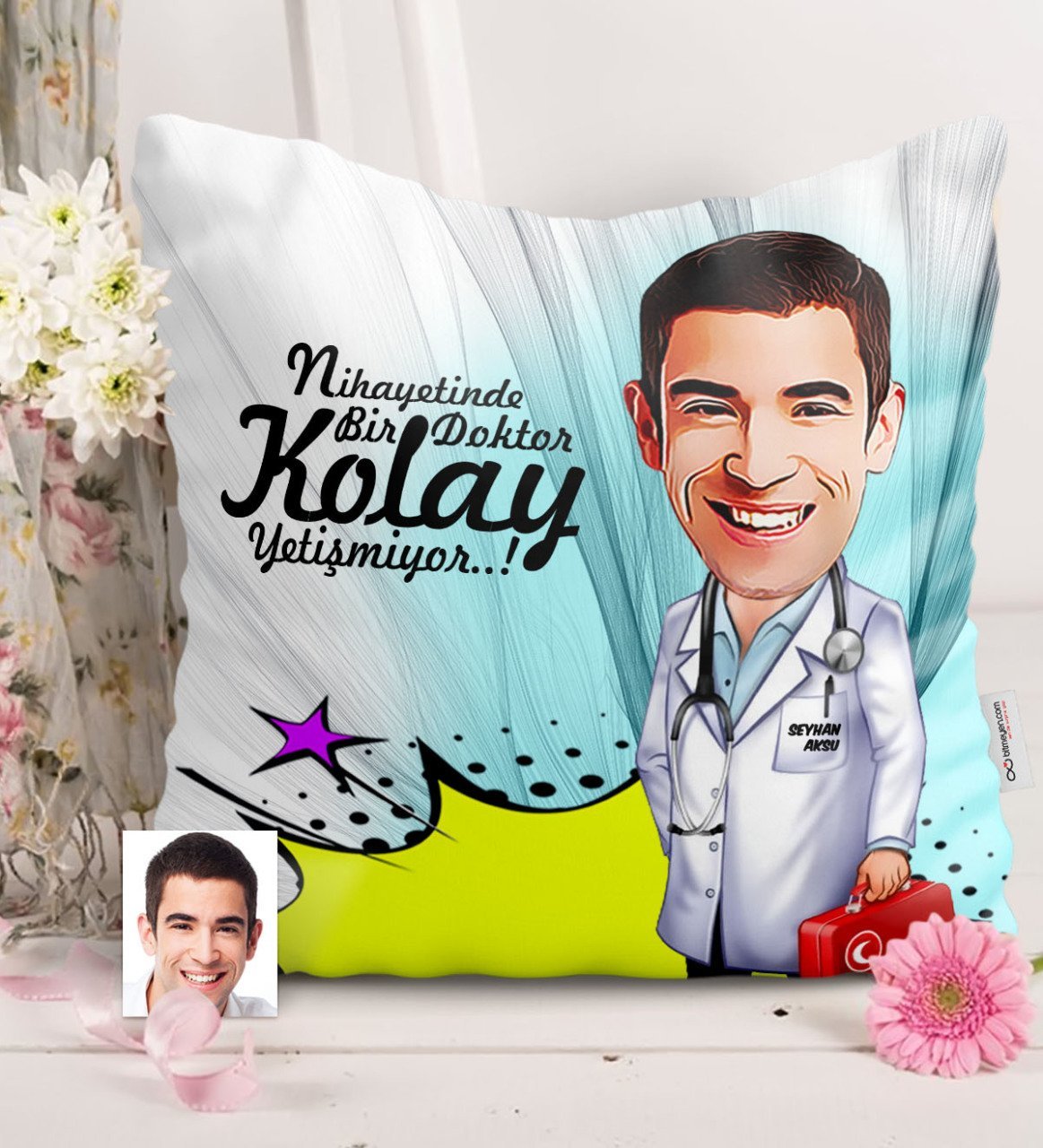 Kişiye Özel Bay Doktor Karikatürlü Saten Yastık - 6