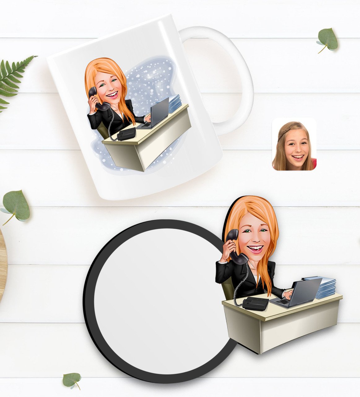 Kişiye Özel Kadın Asistan Karikatürlü Beyaz Kupa ve Ahşap Bardak Altlığı Hediye Seti-1