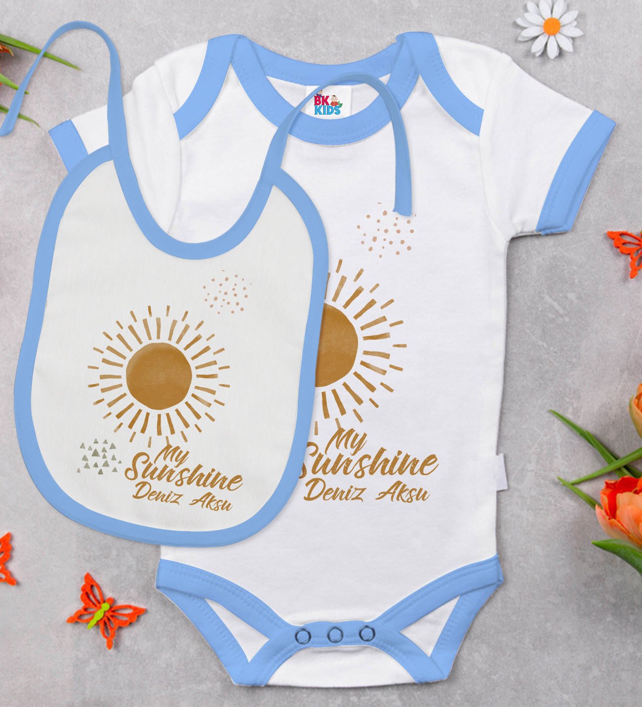 BK Kids Kişiye Özel Sunshine Tasarımlı Mavi Bebek Body Zıbın ve Mama Önlüğü Hediye Seti-1