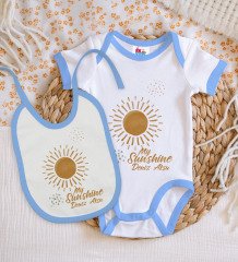 BK Kids Kişiye Özel Sunshine Tasarımlı Mavi Bebek Body Zıbın ve Mama Önlüğü Hediye Seti-1