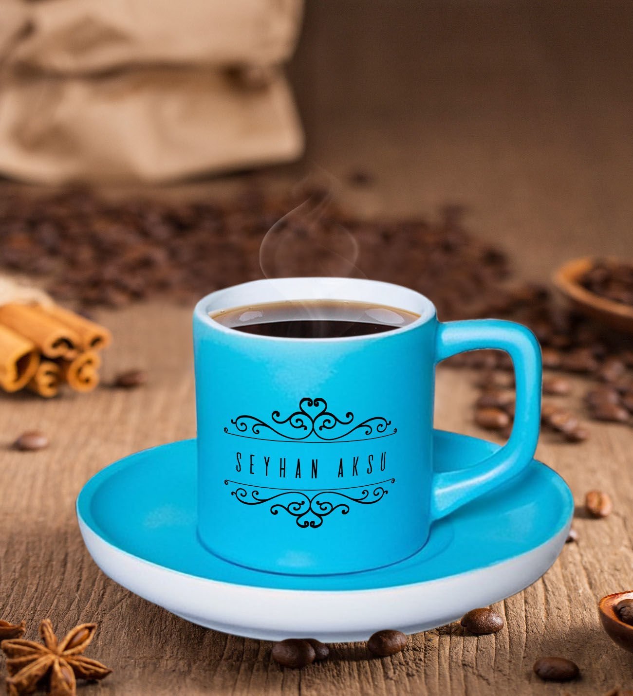 BK Gift Kişiye Özel İsimli Mat Turkuaz Renk Türk Kahvesi Fincanı-9, Renkli Türk Kahvesi Fincanı