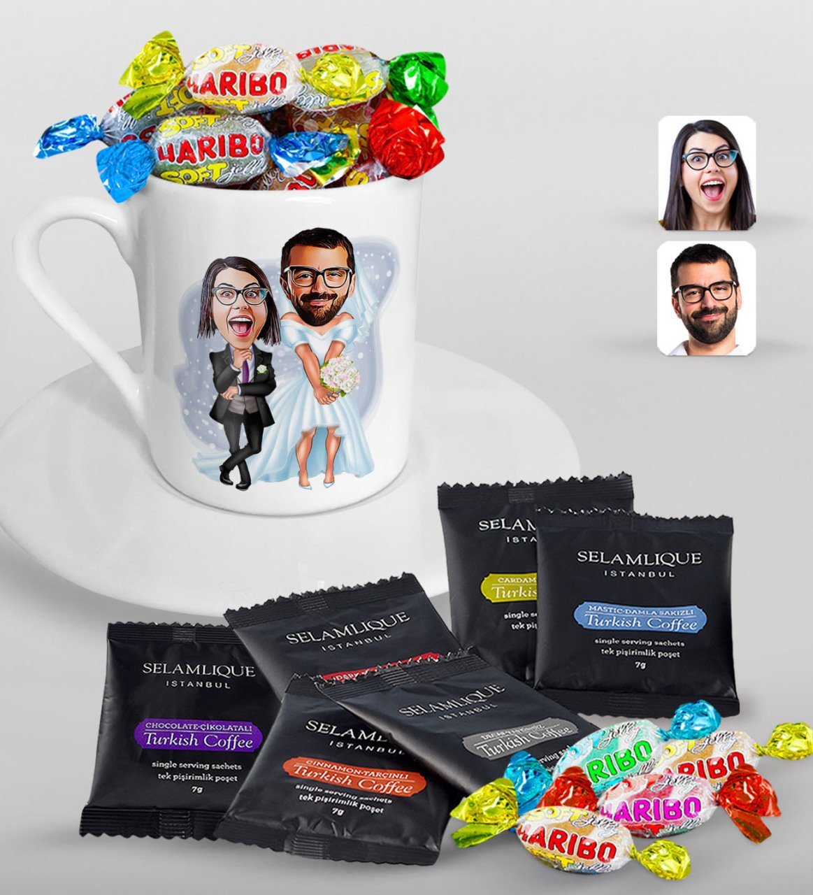 Kişiye Özel Sevgililer Karikatürlü Türk Kahvesi Fincanı Selamlique Karışık Türk Kahvesi ve Haribo Şeker Hediye Seti-16