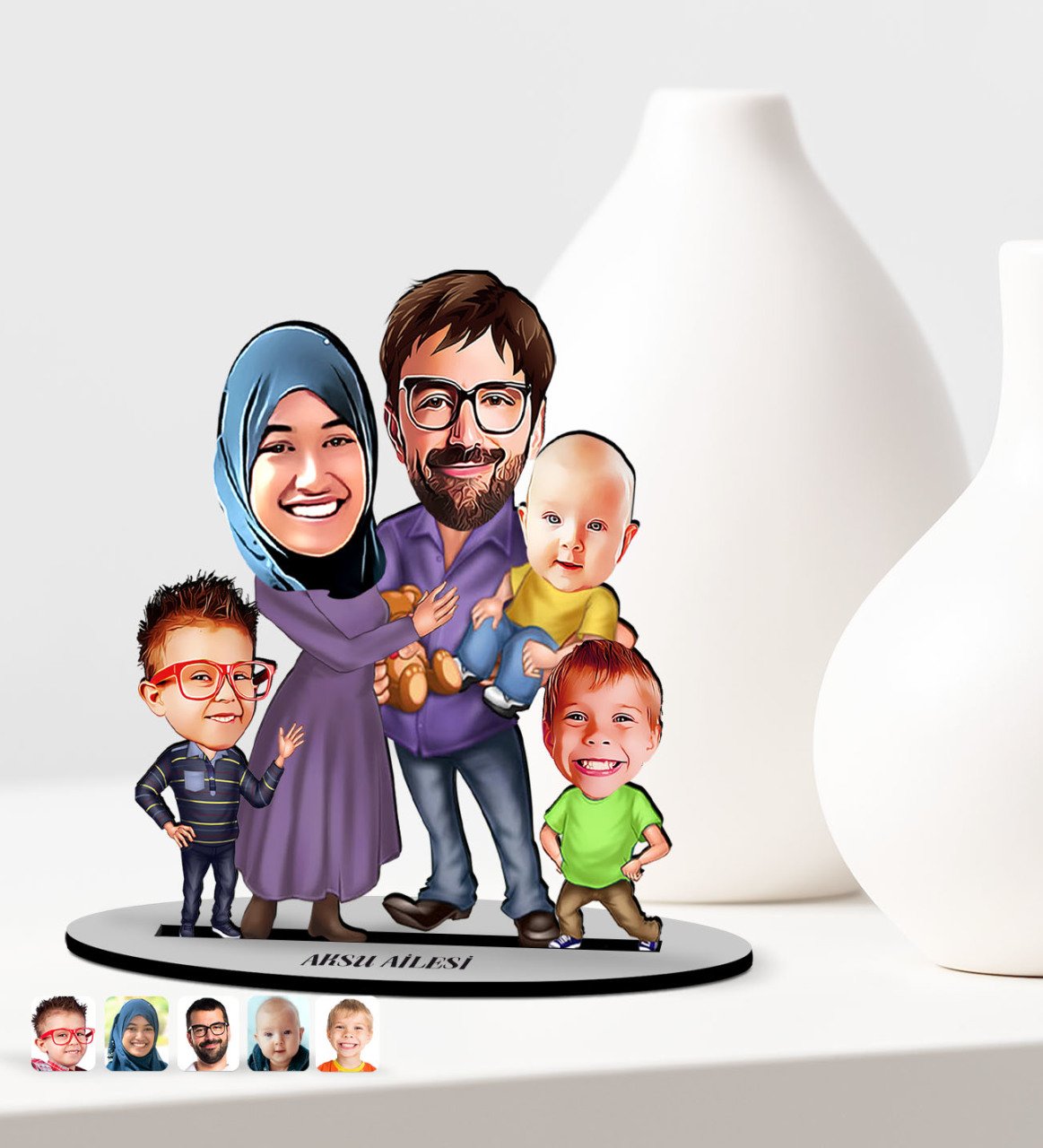 Kişiye Özel Aile Karikatürlü Ahşap Biblo Model-8