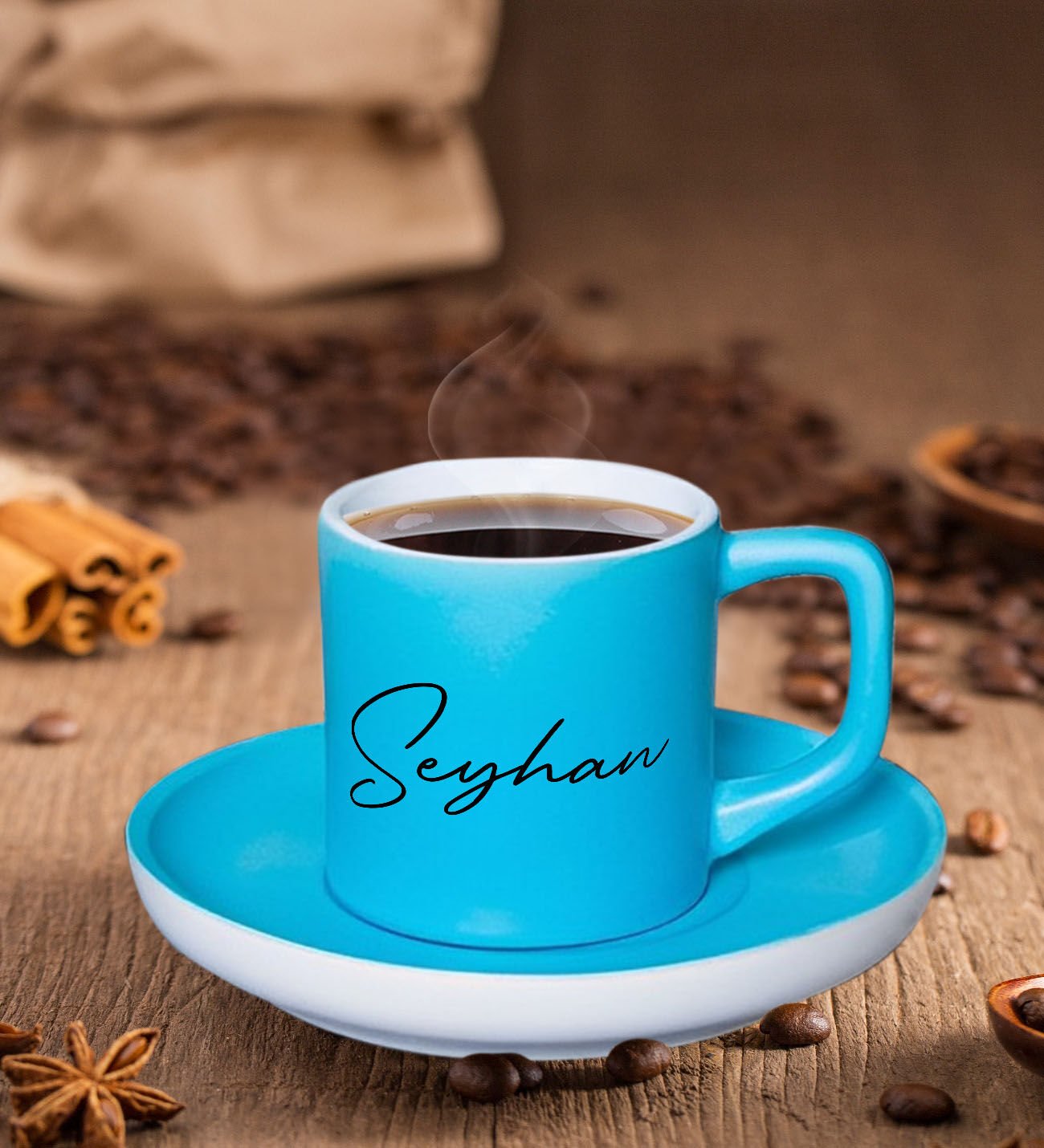 BK Gift Kişiye Özel İsimli Mat Turkuaz Renk Türk Kahvesi Fincanı-105, Renkli Türk Kahvesi Fincanı