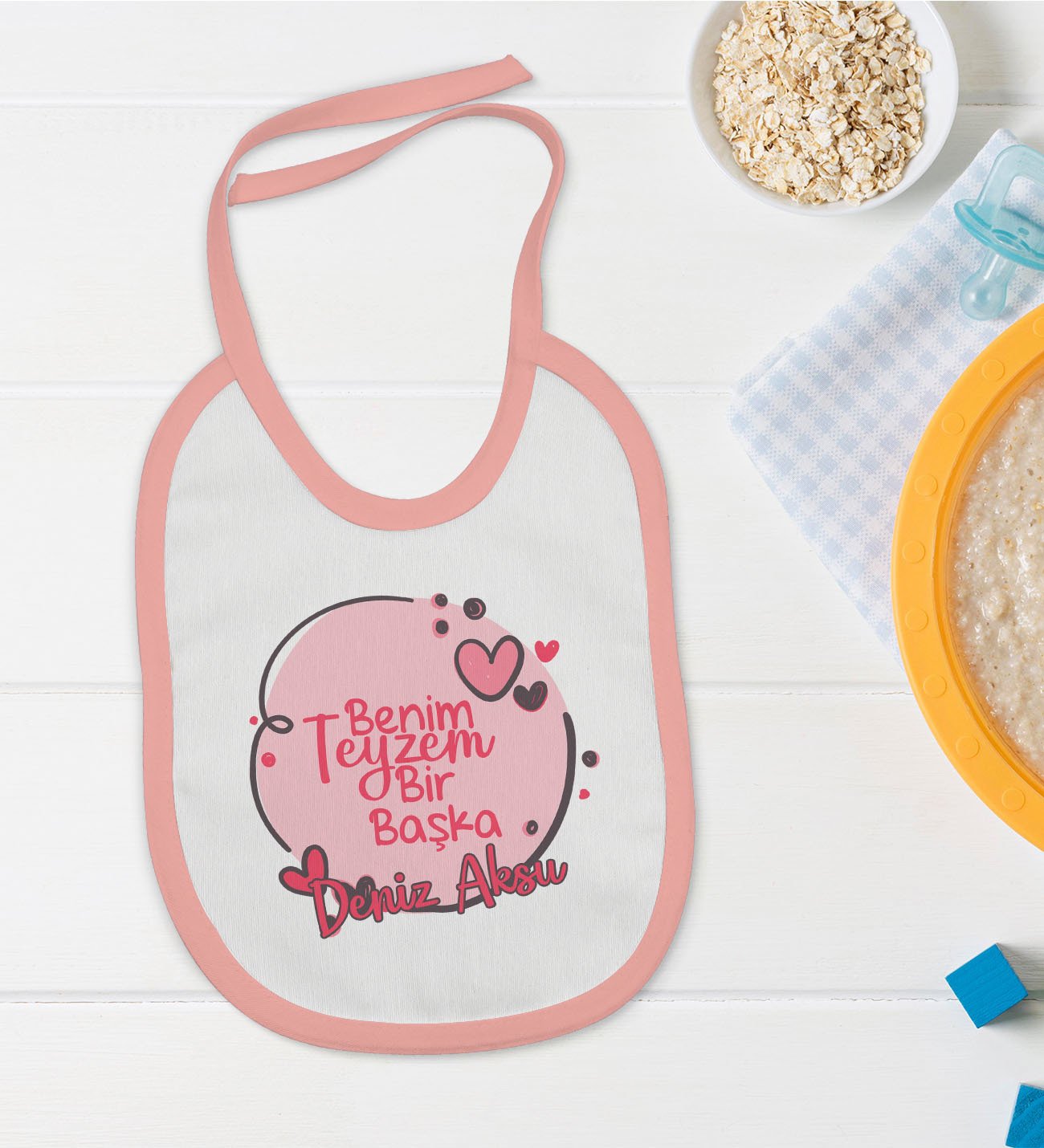 BK Kids Kişiye Özel Pembe Bebek Mama Önlüğü - Model 87