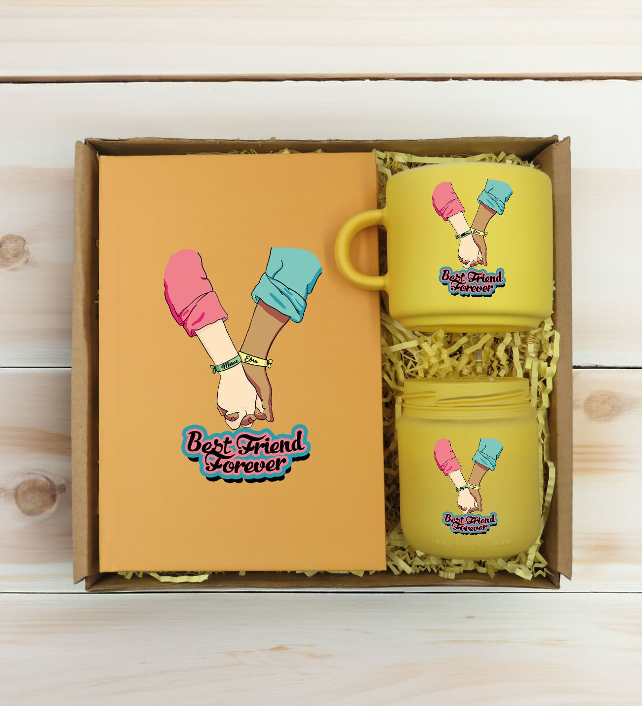 BK Gift Kişiye Özel İsimli DTF Best Friend Temalı Sarı Defter & Kahve Fincanı & Mum Hediye Seti-5, Arkadaşa Hediye, Doğum Günü Hediyesi