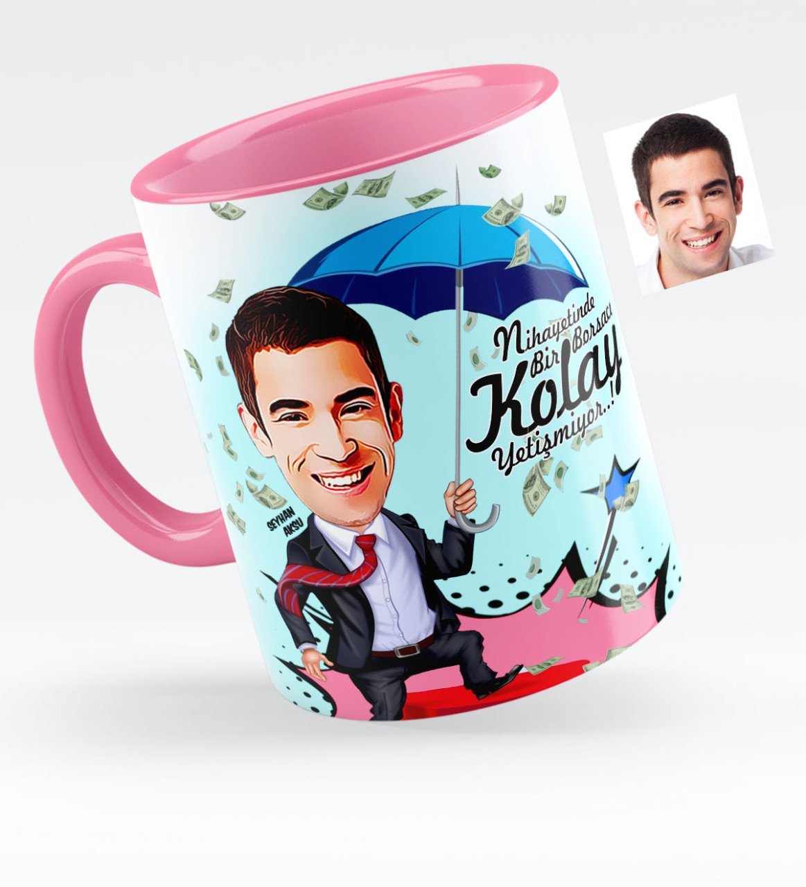 Kişiye Özel Bay Borsacı Karikatürlü Pembe Kupa Bardak - 1