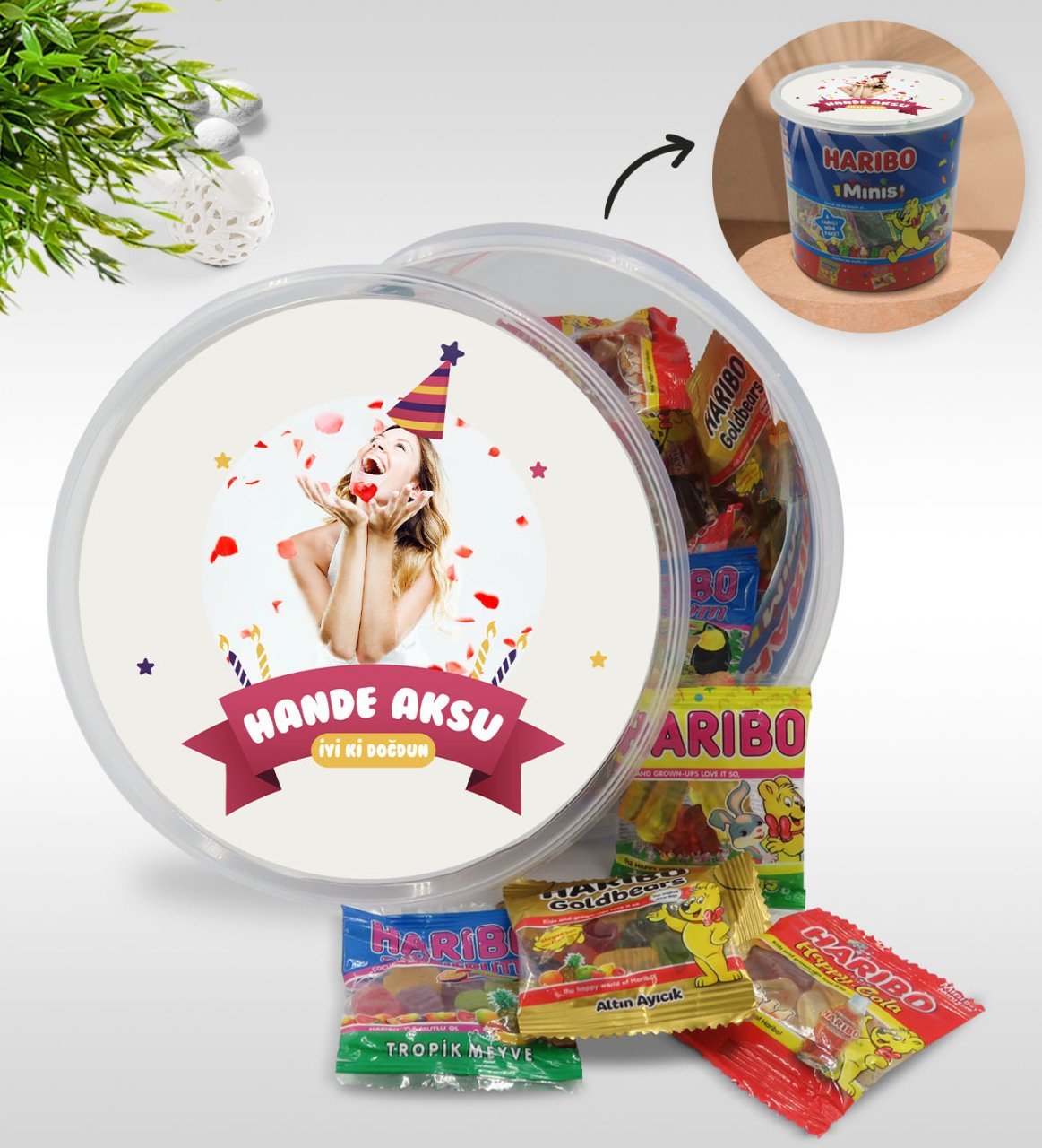 Kişiye Özel İsimli Fotoğraflı Doğum Günü Tasarımlı Dev Boy Haribo Minis Kovası (10gx100adet) Model 8