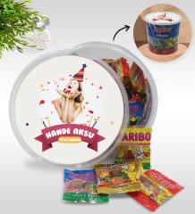 Kişiye Özel İsimli Fotoğraflı Doğum Günü Tasarımlı Dev Boy Haribo Minis Kovası (10gx100adet) Model 8