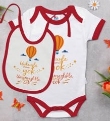 BK Kids Uykuyla Aram Yok Tasarımlı Kırmızı Bebek Body Zıbın ve Mama Önlüğü Hediye Seti-1