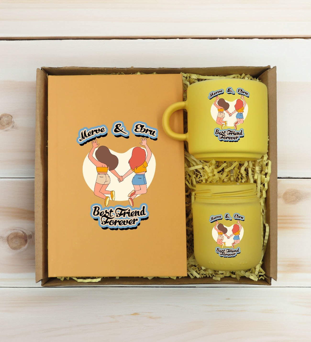 BK Gift Kişiye Özel İsimli DTF Best Friend Temalı Sarı Defter & Kahve Fincanı & Mum Hediye Seti-6, Arkadaşa Hediye, Doğum Günü Hediyesi