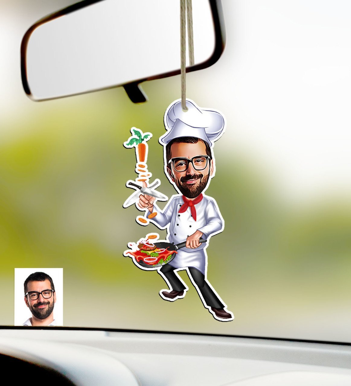 Kişiye Özel Bay Chef Karikatürlü Ahşap Araba Dikiz Ayna Süsü-1