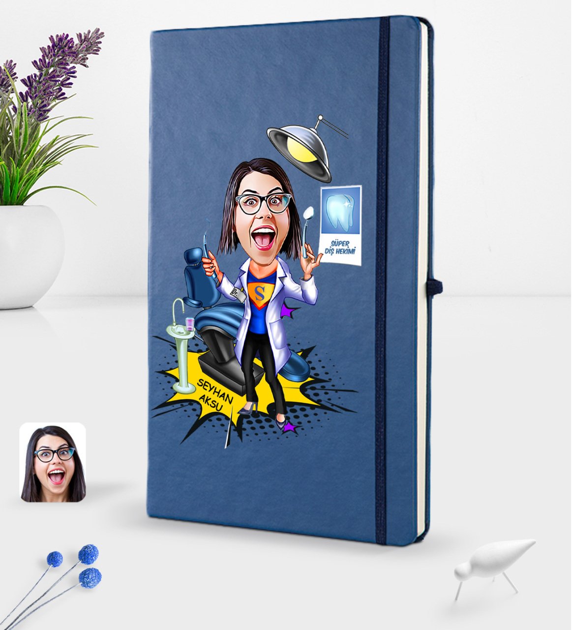 Kişiye Özel Kadın Diş Hekimi Karikatürlü Lacivert Termo Deri Defter 16x24cm Model 1